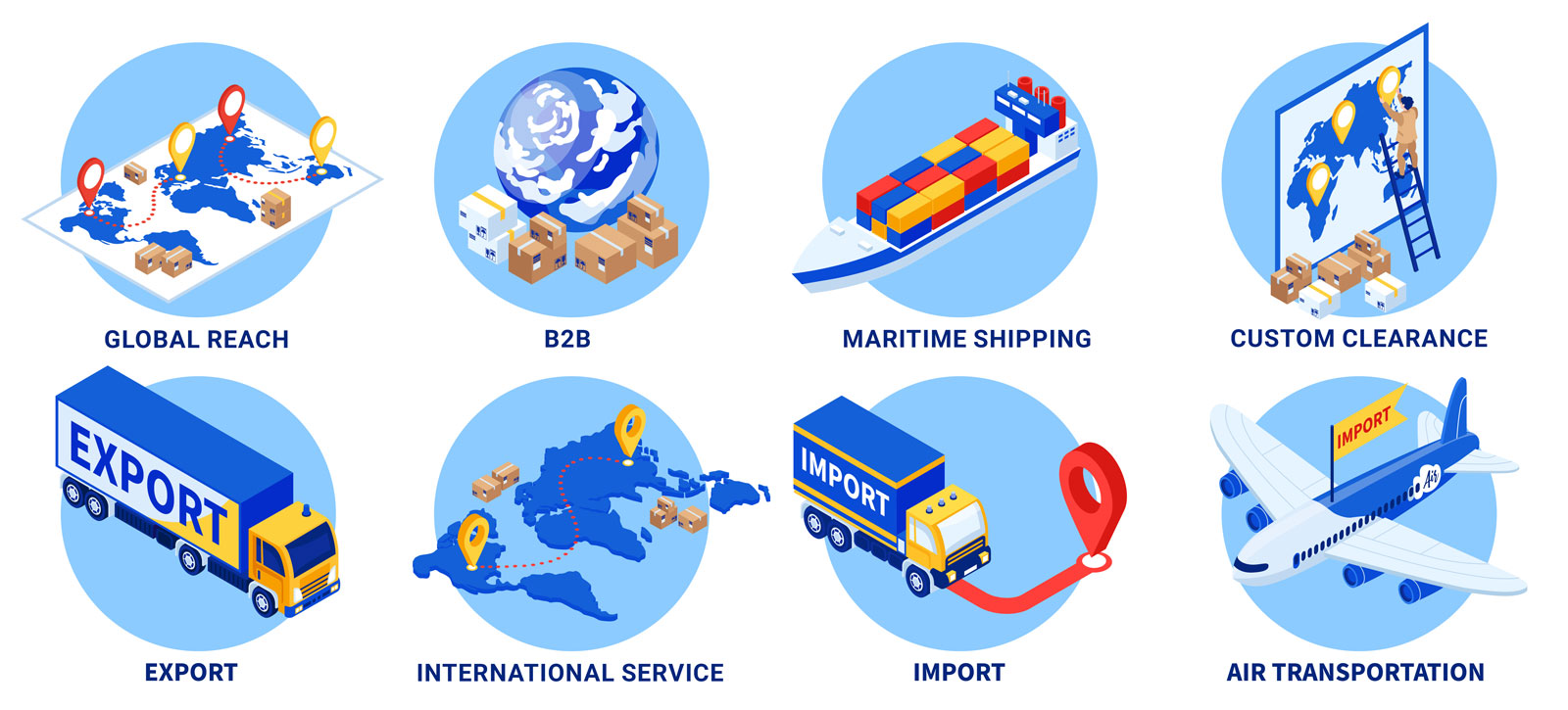 Infographic showing elements of cargo services including global logistics, package tracking, sea logistics, management, export and import via trucks, logistic network, and air transportation, highlighting global reach, B2B services, maritime shipping, customs clearance, and international shipping solutions.