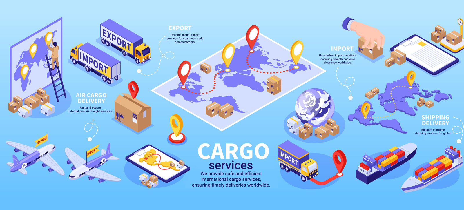 Illustration of global cargo transportation showing air cargo delivery, export and import trucks, shipping vessels, and a world map with delivery routes. Includes text highlighting fast air freight, reliable export, smooth import, and efficient shipping services